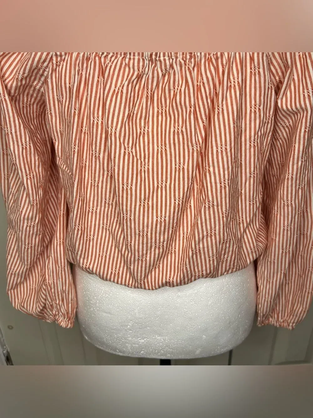 Madewell Orange/White Puff Long Sleeve Front Button Crop Women’s Top Sz M Ranch